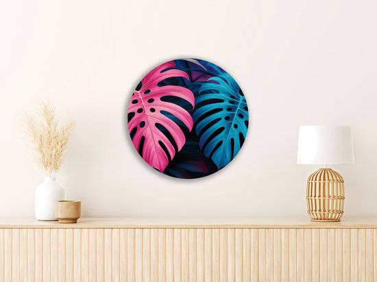 Saammp Muurcirkel Hout - Roze Blauwe Bladeren - Landschap - Natuur - Ø 80 - Wandcirkel - Wanddecoratie Cirkel - Muurdecoratie Woonkamer - Slaapkamer decoratie - Rond Schilderij