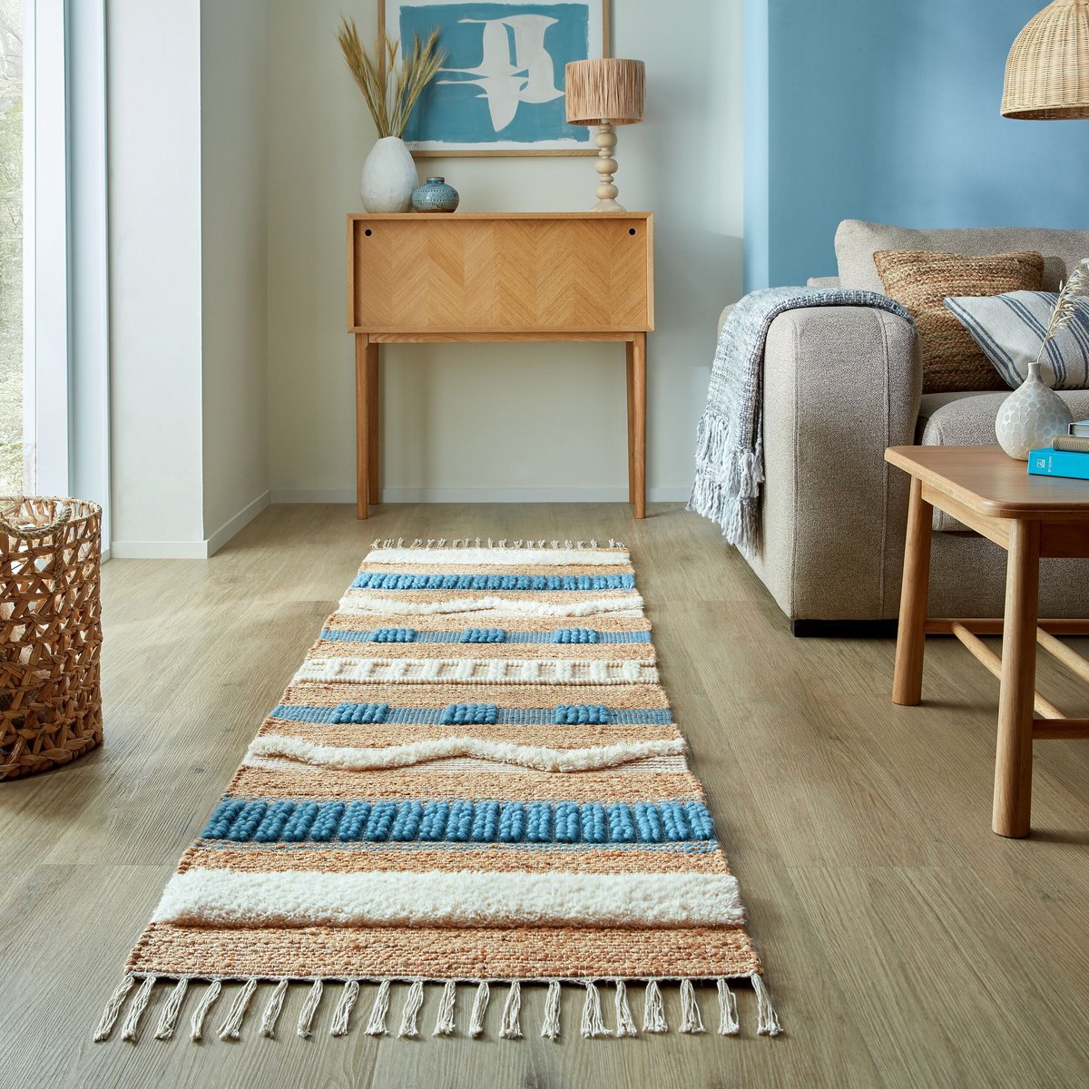 flycarpets Loper Medina Jute Weave Stripe Vloerkleed Naturel / Blauw 67x200 cm