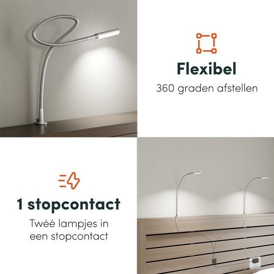 Flexibele leeslamp gedraaid en twee leeslampjes met één stopcontact aangesloten op hoofdbord.