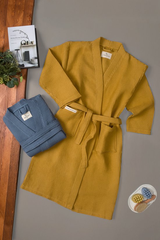 PandaHome - Badjas Badjas % Katoen - L - Blue - Gaufre en Katoen - Kimono - Badjas Femme - Badjas Homme - Badjas Femme et Homme