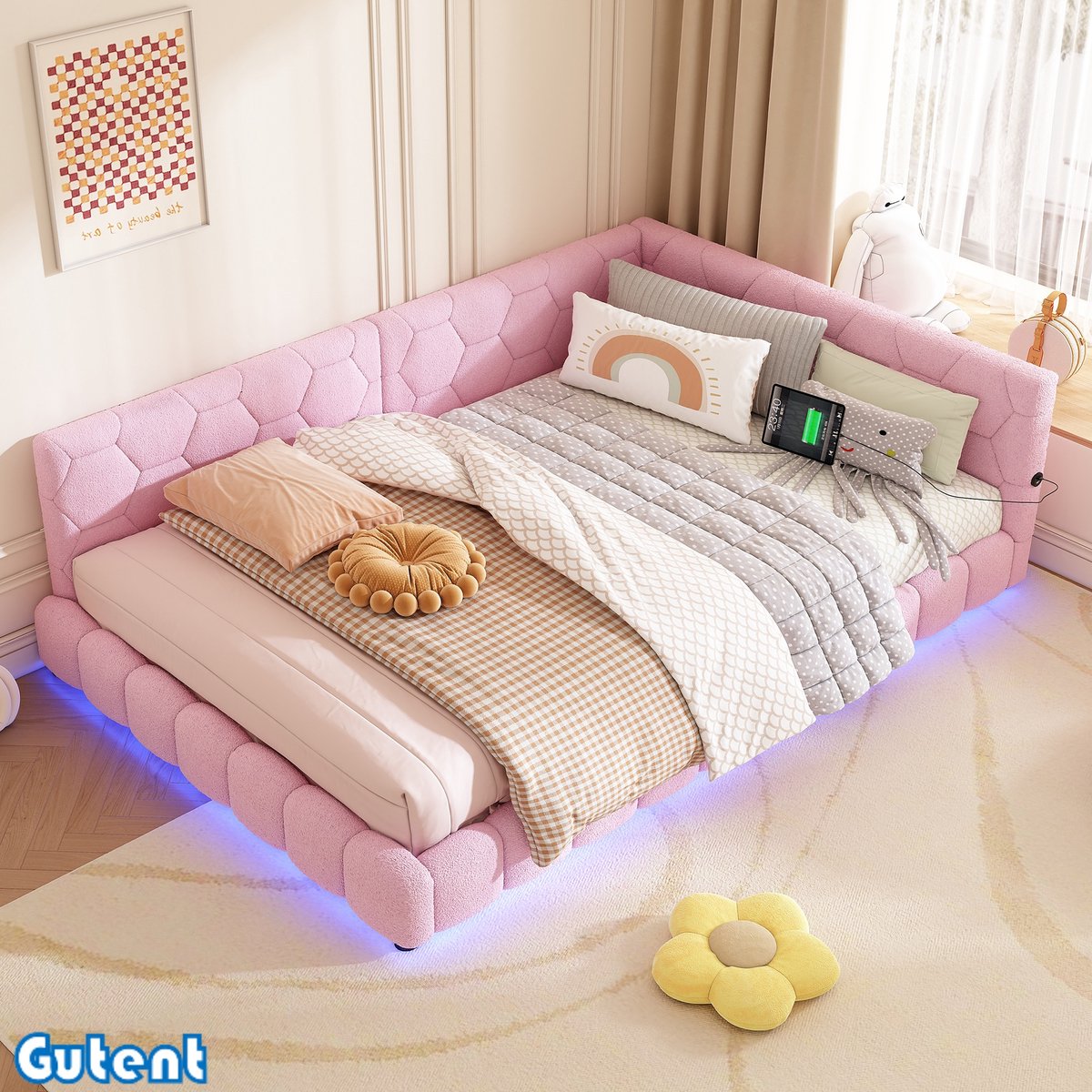 Gutent Dagbed-140*200cm-Sofabed-Met Lattenbodem-Geen Matras-16 Kleuren Sfeerverlichting-USB-Interface-Type-C-Kunstwol-Roze