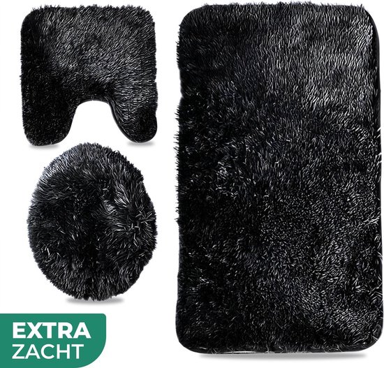 Badmat Set Met Toiletmat Antislip - 3 Delig – Douchemat – Badmat Badkamer – Vloermat – Badmat set wc mat – Badmat set antislip - Zwart