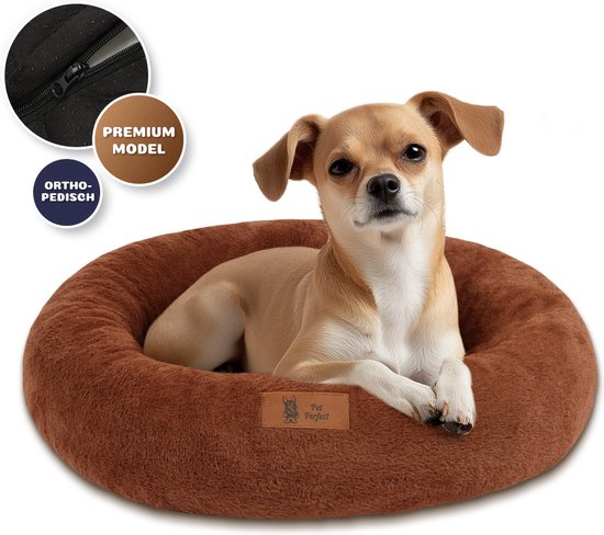 Pet Perfect Orthopedische Donut Hondenmand 60 cm – Hondenkussen – Luxe Hondenbed – Wasbaar – extra gevuld - Bruin