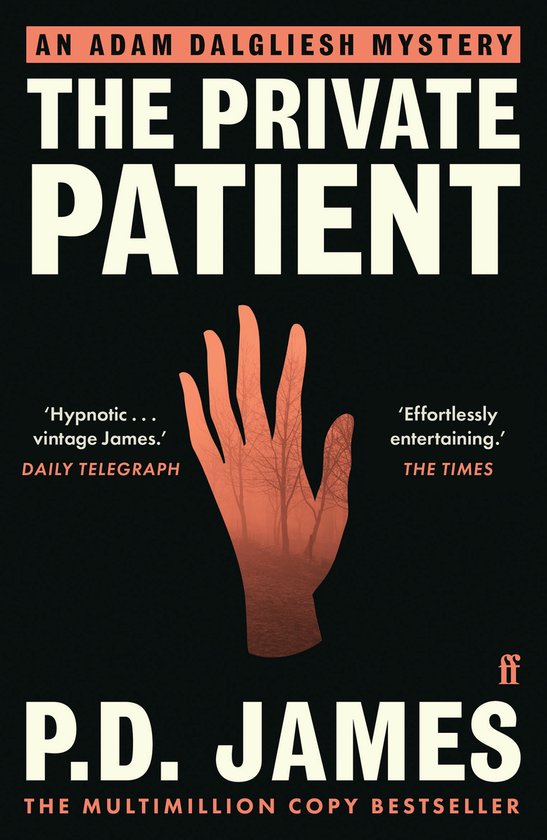 Boekcover 'The Private Patient' met een rood-oranje hand en bomen.