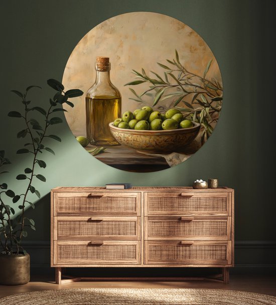 WallCircle® - Behangcirkel 120x120 cm - Muurstickers Olijven - Stilleven - Vintage - Muurcirkel woonkamer - Wandcirkel slaapkamer - Kamer decoratie zelfklevend - Muurdecoratie accessoires XXL