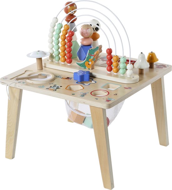 Houten activiteitentafel met kralenbaan, xylofoon, muzieknoten en dierenillustraties.