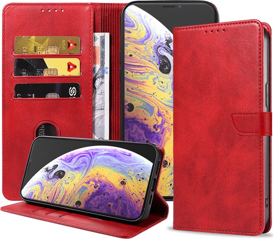 Rood telefoonhoesje in boekstijl voor iPhone X/Xs met pasjeshouder. Telefoon wordt getoond met een kleurrijk scherm.