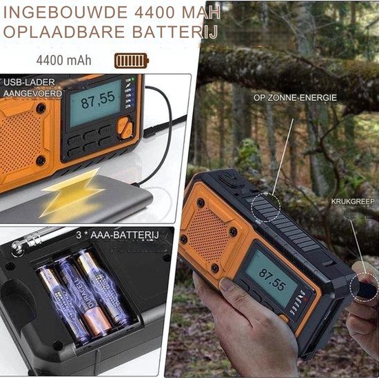 NovaWare® Draagbare NoodRadio Solar Opwindbaar - FM/AM/SW - Powerbank Zonneenergie met 4400mAh - Noodpakket - Op Batterijen - Oranje