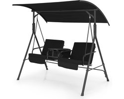 COSTWAY Schommelbank met koeltas, draaibaar dienblad en afneembaar kussen, 2-zits tuinschommel met verstelbaar dak, schommelbank voor tuin, terras en achtertuin, 181 x 124 x 161,5 cm