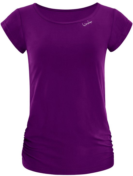Paars sportshirt met korte mouwen en gerimpelde zijkanten.