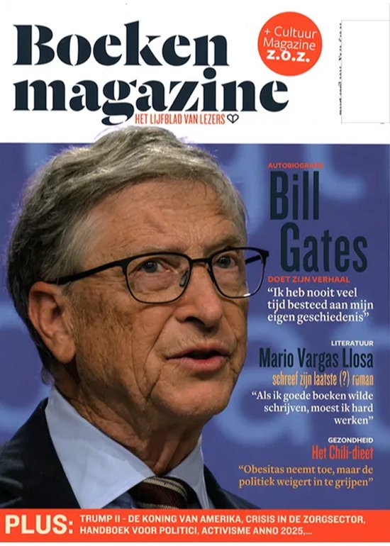 Bill Gates met bril op de cover van Boeken Magazine, met tekst over zijn autobiografie en Mario Vargas Llosa.