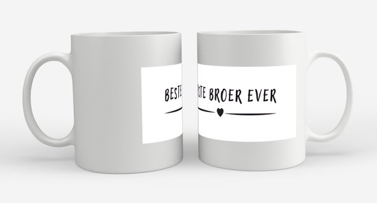 Deux tasses blanches avec le texte 'Beste broer ever' et un petit cœur.
