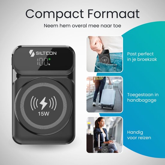 Compacte zwarte powerbank, past in broekzak, handbagage en is handig voor reizen.