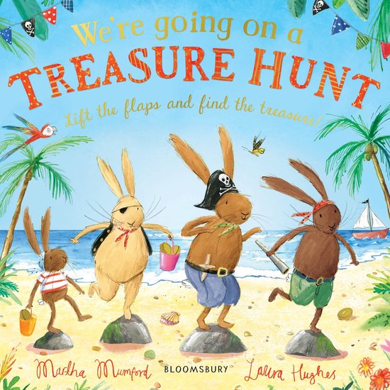Boek kaft: Vier konijnen in piratenkleding op een zonnig strand, met de tekst 'We're going on a TREASURE HUNT'.