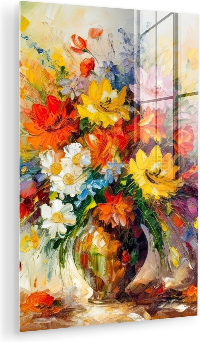 MuchoWow® Glasschilderij 60x90 cm - Schilderij acrylglas - Bloemen - Kleurrijk - Olieverf - Bloempot - Foto op glas - Muurdecoratie woonkamer - Wanddecoratie slaapkamer - Schilderijen