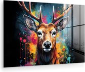 MuchoWow® Glasschilderij 150x100 cm - Schilderij acrylglas - Hert - Graffiti - Dieren - Kleuren - Foto op glas - Muurdecoratie woonkamer - Wanddecoratie slaapkamer - Schilderijen