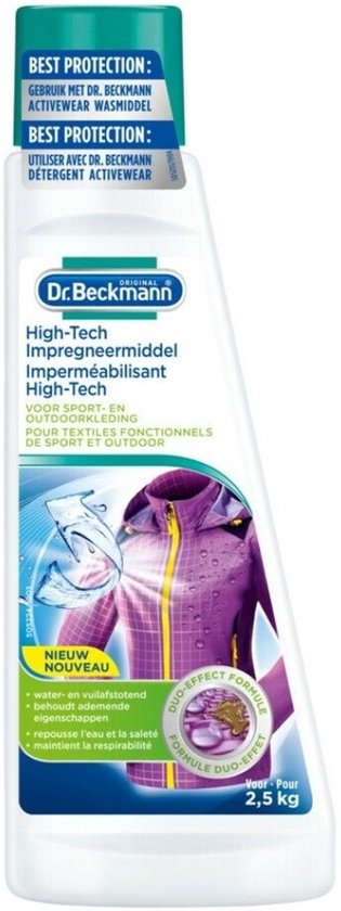 Dr. Beckmann High-Tech Impregneermiddel voor sport- en outdoorkleding. Fles met groene dop. De afbeelding toont een paarse jas met waterdruppels.