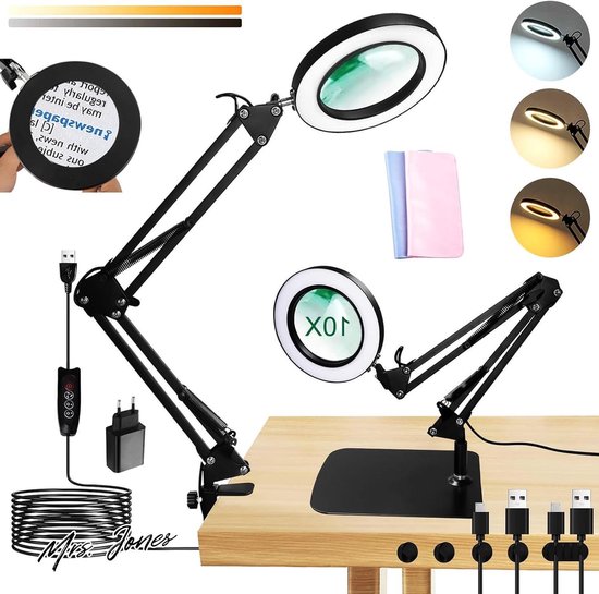 Vergrootglas met licht en standaard, 10 x 5 kleurmodi, traploos dimbare led-verlichte bureaulamp, handen vrij, flexibele zwanenhals, loep met licht voor handwerk, hobby, schilderen, werken