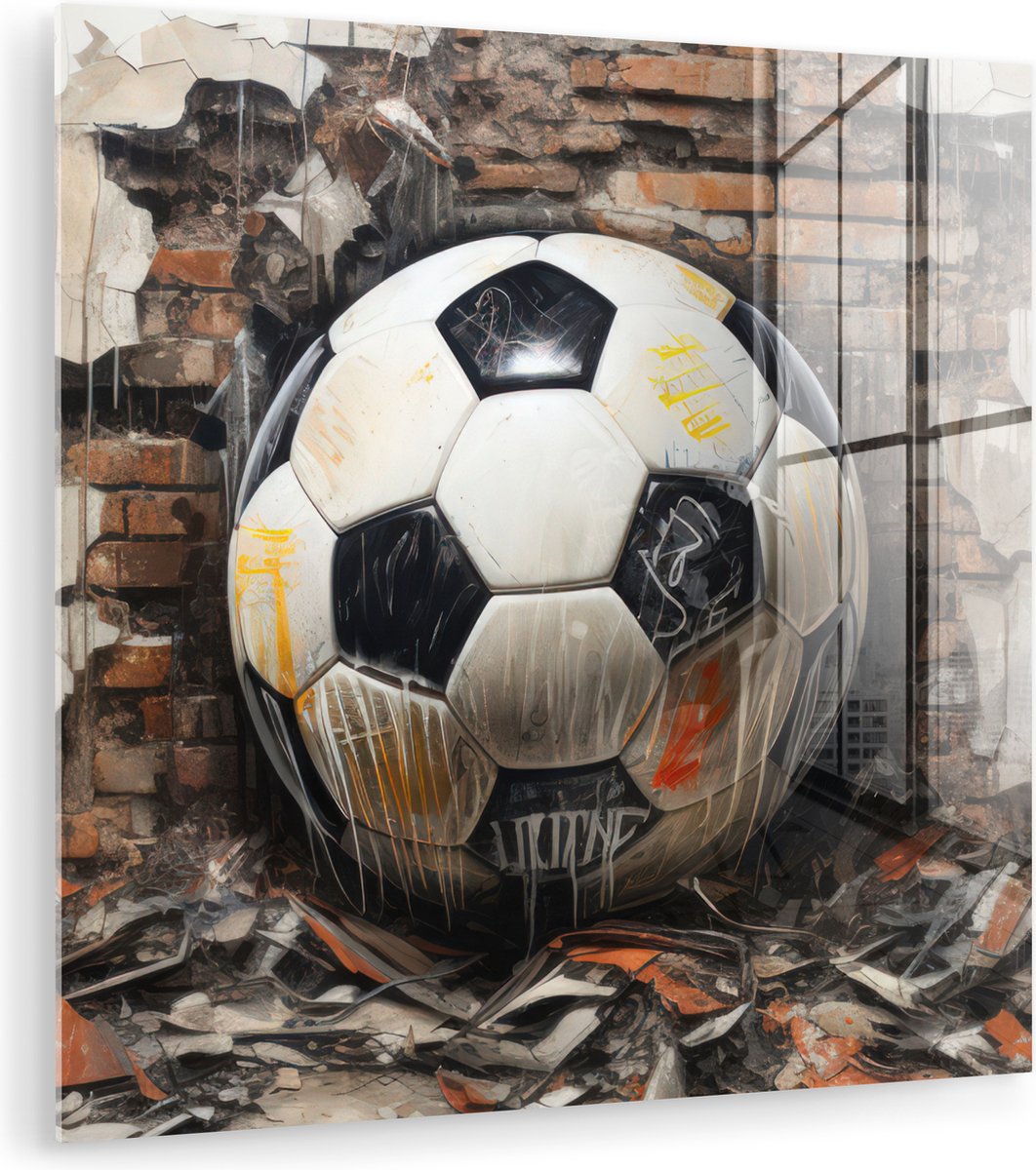 MuchoWow® Glasschilderij 50x50 cm - Schilderij acrylglas - Voetbal - Muur - Zwart - Wit - Foto op glas - Muurdecoratie woonkamer - Wanddecoratie slaapkamer - Schilderijen