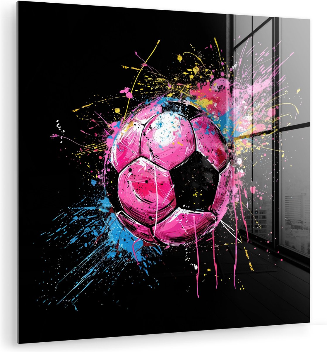 MuchoWow® Glasschilderij 50x50 cm - Schilderij acrylglas - Graffiti - Sport - Voetbal - Bal - Roze - Foto op glas - Muurdecoratie woonkamer - Wanddecoratie slaapkamer - Schilderijen