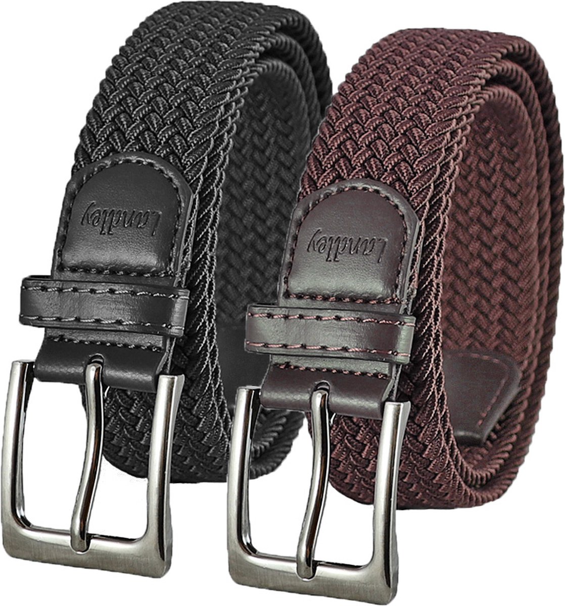 Landley Elastische Gevlochten Stretch Riemen Duopack - Voordeelset met 2 riemen - Dames en Heren - Zwart en Bruin - Lengte totaal 100 cm / Riemmaat 85