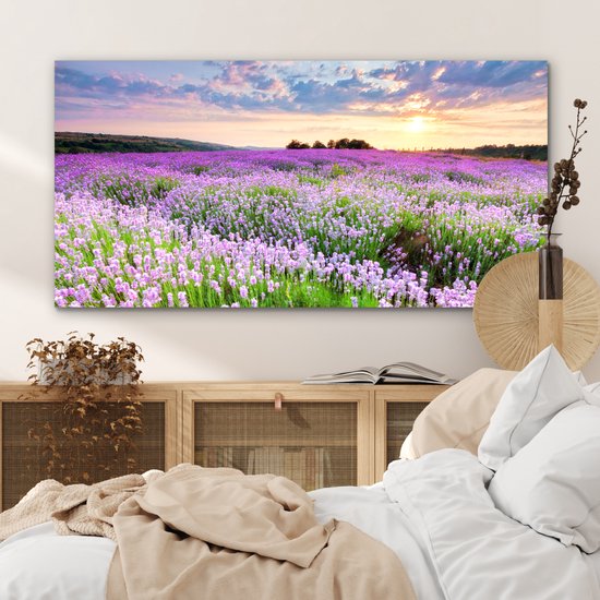 Décoration murale Métal - Aluminium Peinture Industrielle - Lavande - Fleurs - Coucher de soleil - Violet - Prairie - 120x60 cm - Dibond - Photo sur aluminium - Décoration murale industrielle - Pour le salon / chambre
