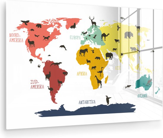 MuchoWow® Peinture sur verre 60x40 cm - Peinture sur verre acrylique - Wereldkaart - Enfants - Animaux - Rose - Oranje - Garçons - Meiden - Photo sur verre - Peintures