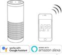 Illustratie van een slimme speaker en smartphone die samenwerken met Google Assistant en Amazon Alexa.