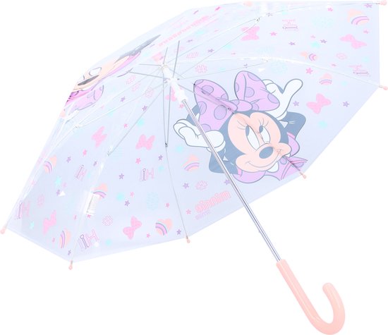 Transparante paraplu met Minnie Mouse, roze strikken, vlinders en sterren. Roze handvat.