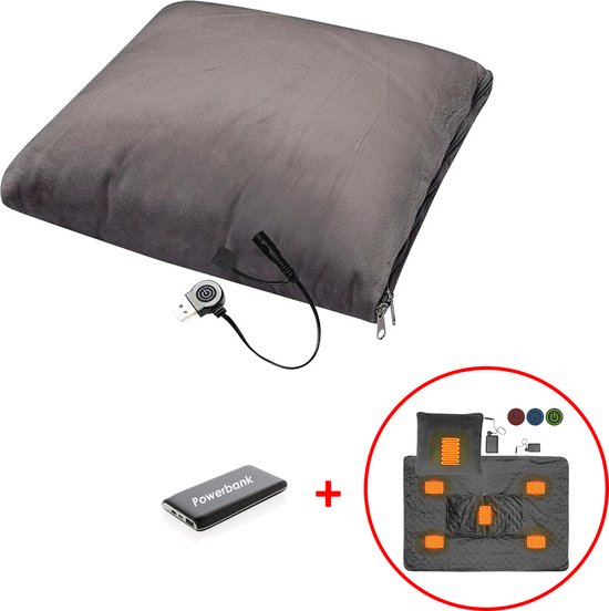 Sorprese Draadloos Warmtekussen - Elektrisch Verwarmd Kussen met Powerbank (10.000mAh) - 2-in-1 Warmtedeken - Grijs - 3 Warmtestanden - 36x36 cm & 105x150 cm - Fleece Deken