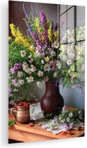 MuchoWow® Glasschilderij 120x180 cm - Schilderij acrylglas - Bloemen - Tafel - Stilleven - Boeket - Vaas - Foto op glas - Muurdecoratie woonkamer - Wanddecoratie slaapkamer - Schilderijen