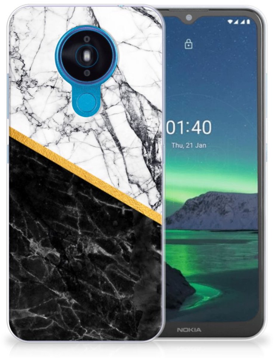 Nokia 1.4 TPU Siliconen Hoesje Marmer Wit Zwart - Origineel Cadeau Man