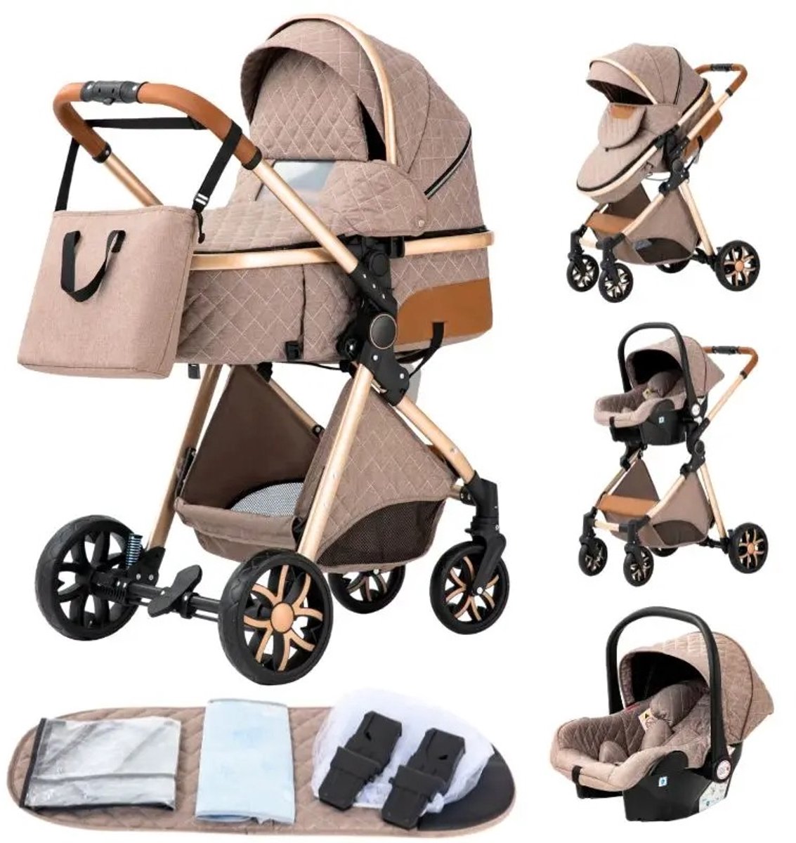 Kinderwagen Khaki 3 In 1 Inklapbare Buggy - Kinderwagen - €219,95