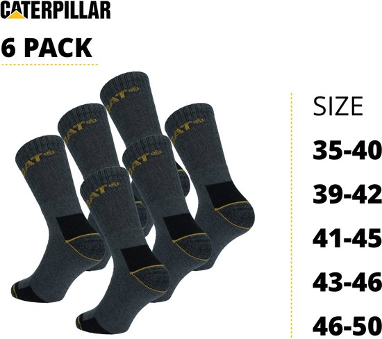 Zes paar donkergrijze Caterpillar werksokken met gele accenten.