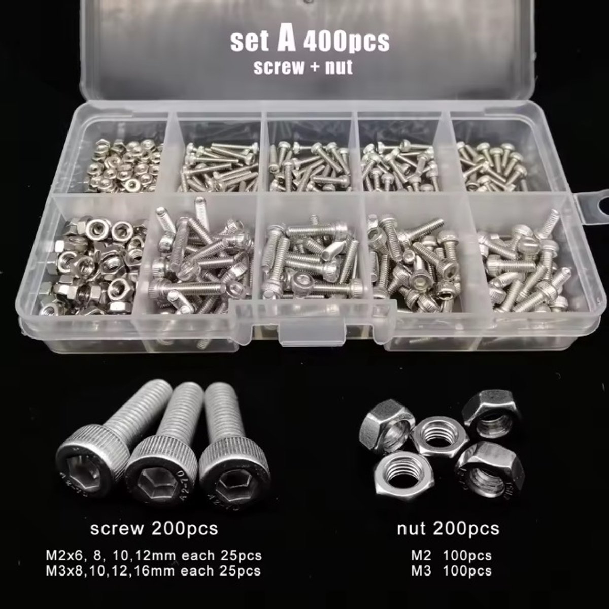 RVS Inbusbout assortiment met roestvrijstalen Inbusbouten en moeren M2 - M3 (400-delig) - roestvrijstalen inbusbouten M2 en M3 - verzameldoos met verschillende lengtes inbusbouten met moer