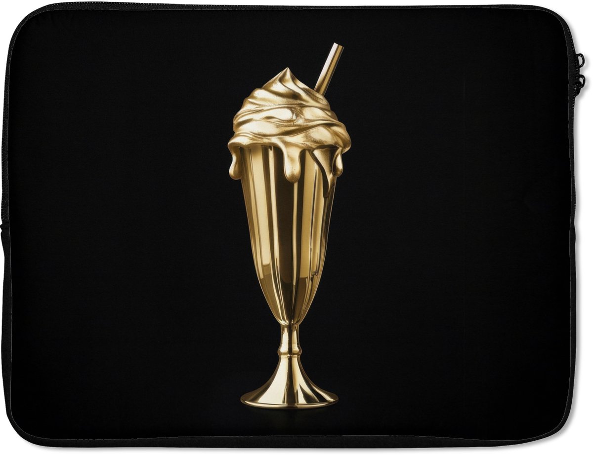 Laptophoes 15.6 inch - Milkshake - Goud - Drinken - Zwart - Laptop sleeve - Binnenmaat 37x26 cm - Zwarte achterkant