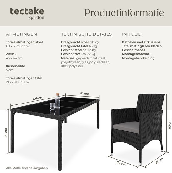 Zwarte wicker tafel met glazen blad, 195 x 91 x 75 cm, met 8 stoelen 60 x 55 x 83 cm met grijze kussens.