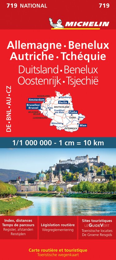 Carte Michelin 719 avec l'Allemagne, le Benelux, l'Autriche et la Tchéquie. Échelle 1:1.000.000, avec une photo de Salzbourg.