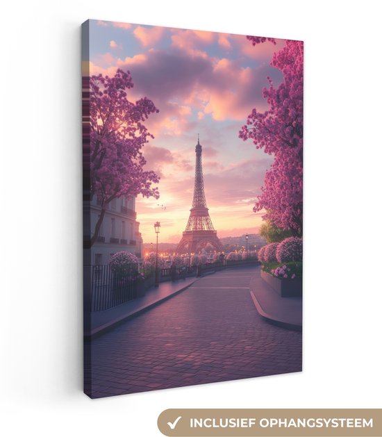 Canvas schilderij 60x90 cm - Exclusieve wanddecoratie Eiffeltoren - Parijs - Roze - Muurdecoratie woonkamer - Slaapkamer decoratie - Kamer accessoires - Schilderijen op canvas