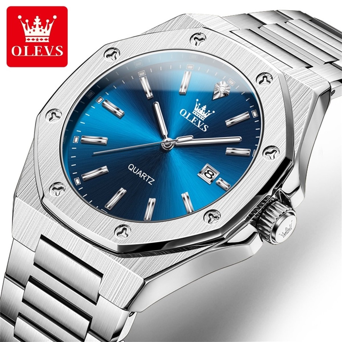 HO-3613.z-bl : Olevs tijdloos 8 hoekig zilverkl edelstaal horloge, mat, blauw wijzerplaat, dagaanduiding