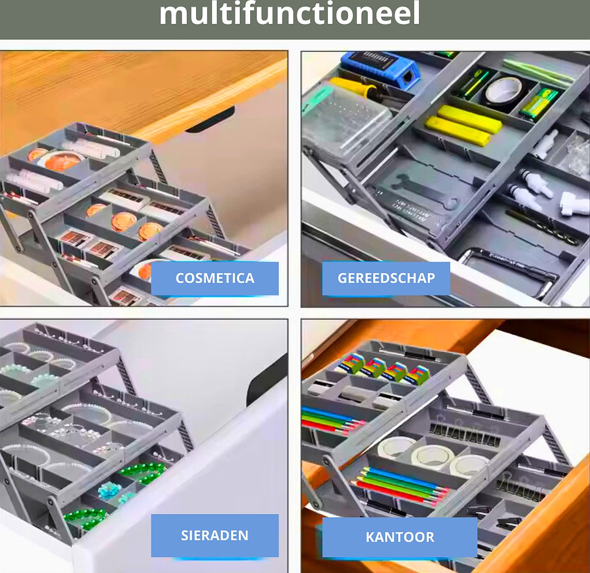 Lade-organizer, Veelzijdige Opbergorganisator Ladebakken met Verstelbare Compartimenten Opbergbakken voor Kantoor Badkamer Keuken Make-up, Opvouwbare Uitbreidbare (3 lagen