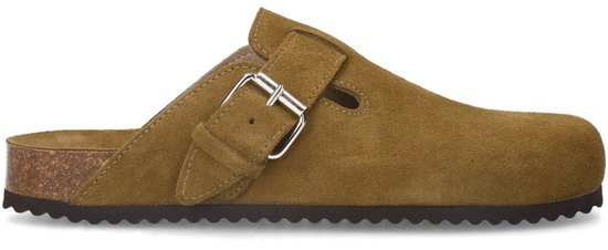 Bruine suède clog met gesp en kurken zool, zijaanzicht.