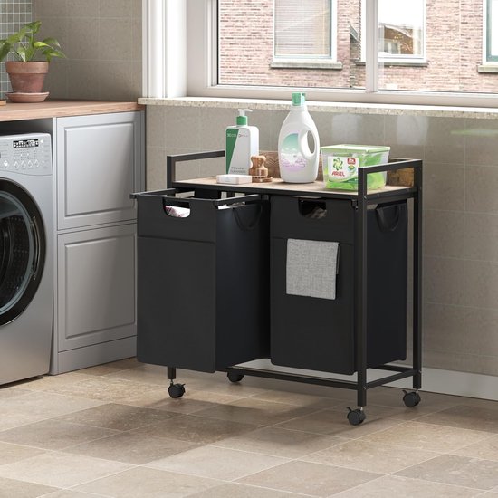 Wasmand SucceBuy Wasmand Met 2 Compartimenten, Wasorganizer Met Uitneembare Zakken Van 600d Oxfordstof Metalen Frame En Houten Bovenkant Ideaal Voor Kleding