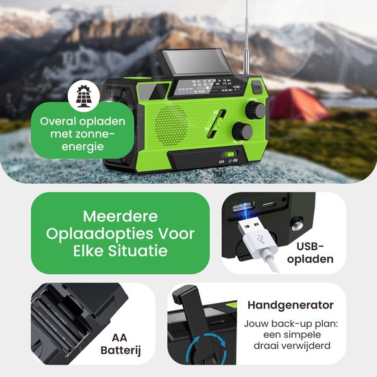 NaturaNex Noodradio Solar Opwindbaar Radio - Powerbank 4000mAh Zonneenergie - Ingebouwde Kabels - Dynamo / Zonnepaneel - Noodpakket - Zaklamp Opwindbaar - Survival Kit - FM - AM