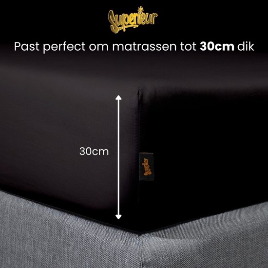 Zwart hoeslaken past perfect om matrassen tot 30cm dik. Afmeting 30cm gemarkeerd.