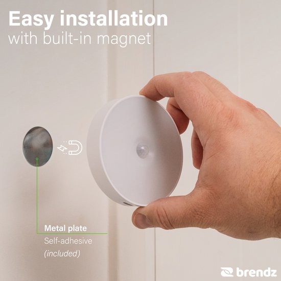 Éclairage d'armoire ronde à LED Brendz avec détecteur de mouvement, rechargeable par USB-C, magnétique, 4 pièces, blanc chaud 3000 K, éclairage d'escalier sans fil, veilleuse