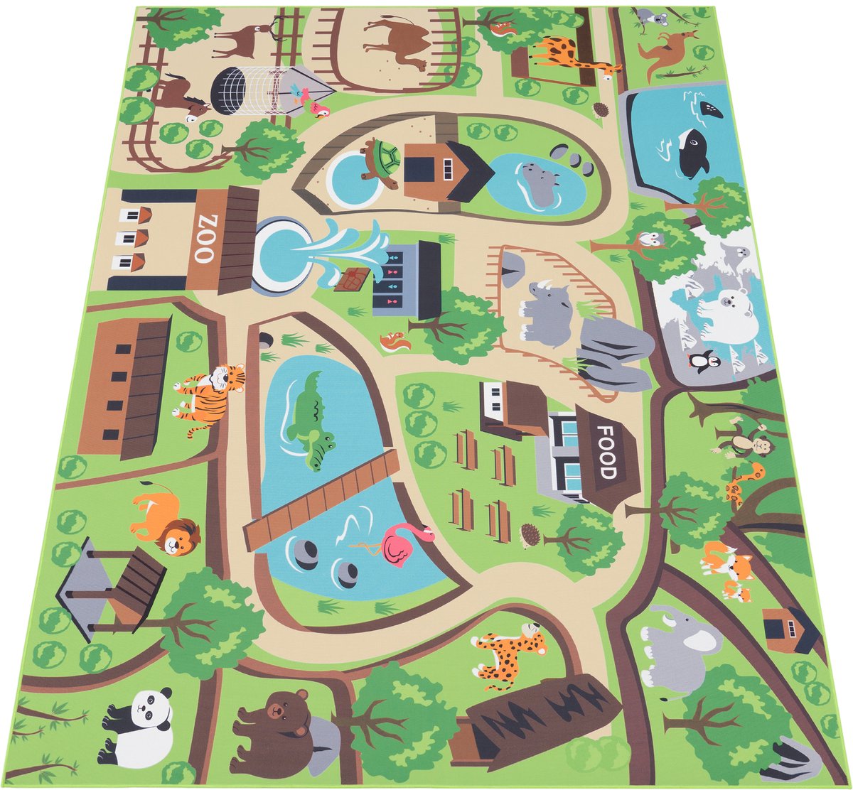 Flycarpets Binola Kindervloerkleed Groen / Kleurrijk - 160x220 cm - Speelkleed / Speelmat Dierentuin - Laagpolig Vloerkleed Kinderkamer