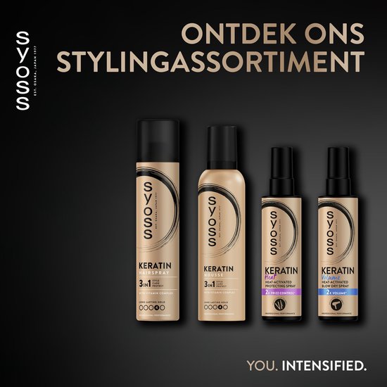 Vier Syoss stylingproducten: Keratine Telpay, Mousse, Hittebeschermende Spray en Hittebeschermende Blow Dry Spray.