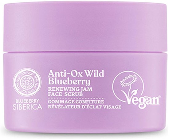 Paarse pot met 'Anti-Ox Wild Blueberry Renewing Jam Face Scrub' in witte tekst. Vegan logo aan de zijkant.