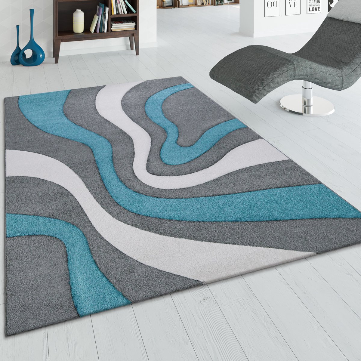 flycarpets Diamesa Modern Vloerkleed - Turquoise / Grijs / Wit - 80x150 cm - Laagpolig Tapijt Loper